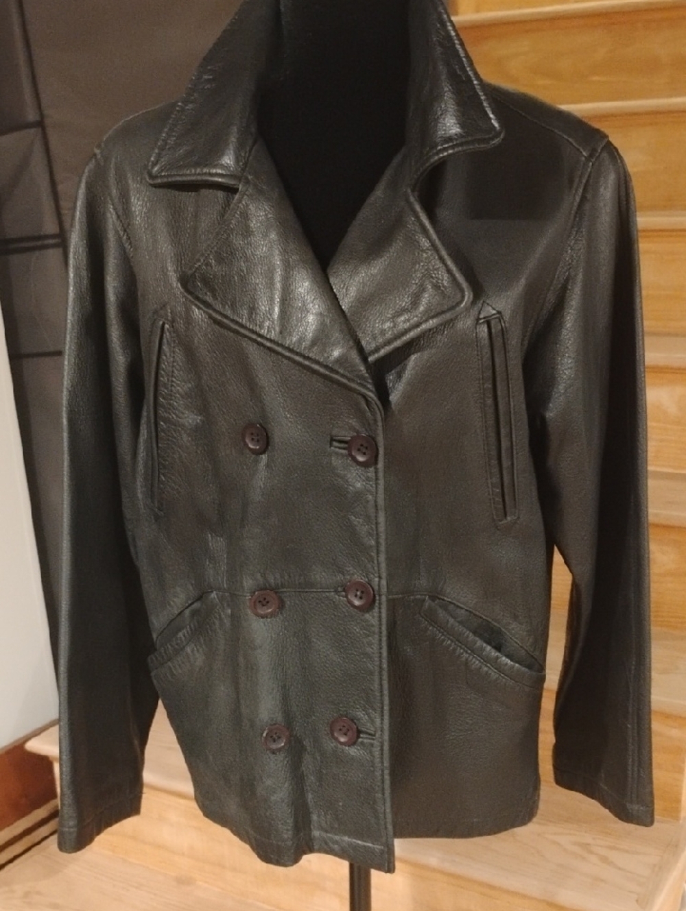 Brandon Thomas Black Leather Double-Breasted Pea Coat S
